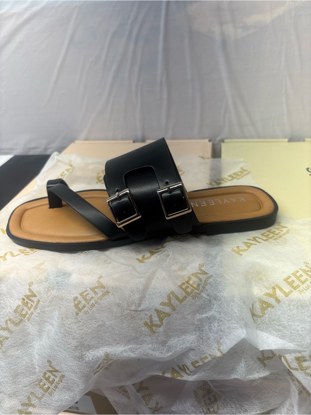 KAYLEEN By Los Angeles Black Double Buckle Toe-Loop Slide